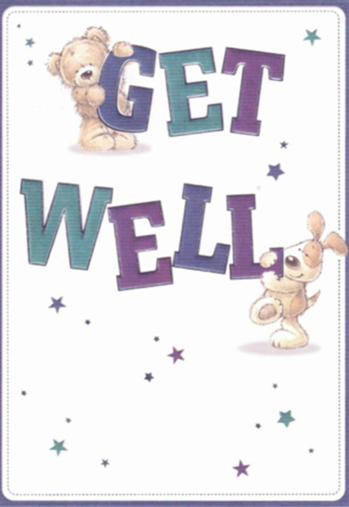 Captured in this uplifting get well card is a scene that feels entirely at home in North Kensington-a whimsical bear, its soft fur meticulously illustrated, leans in with caring eyes, while a lively puppy with velvety ears tenderly nuzzles the oversized 'Get Well' text beneath them. The colour palette shines with shades of purple, teal, and gentle aqua, reminiscent of the artistic vibrancy you might find on a walk through Golborne Road. Scattered star motifs shimmer above a crisp, cream-coloured background, scattering their wishful magic just as a florist sprinkles gypsophila to soften a bouquet. The bold, rounded type and the palpable fluffiness of the animal companions evoke textures both visual and tactile, making the card almost leap from the page. Each element has been composed with an attentive hand, calling to mind the balance and warmth found in an expertly arranged bouquet from a local shop. Imagine presenting this card to a loved one alongside flowers-an embrace of colour, comfort, and hope, perfectly suited to soothe spirits and foster optimism here in North Kensington.